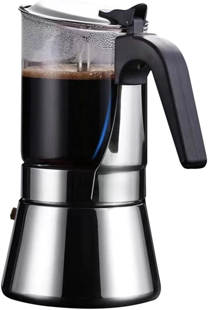 8KLANMMQ Mokkakanne 240 ml - Espressokocher aus Glas und Edelstahl - Für kräftigen Kaffee und Espresso Shots auf der Herdplatte - Kompakte Kanne für den Haushalt