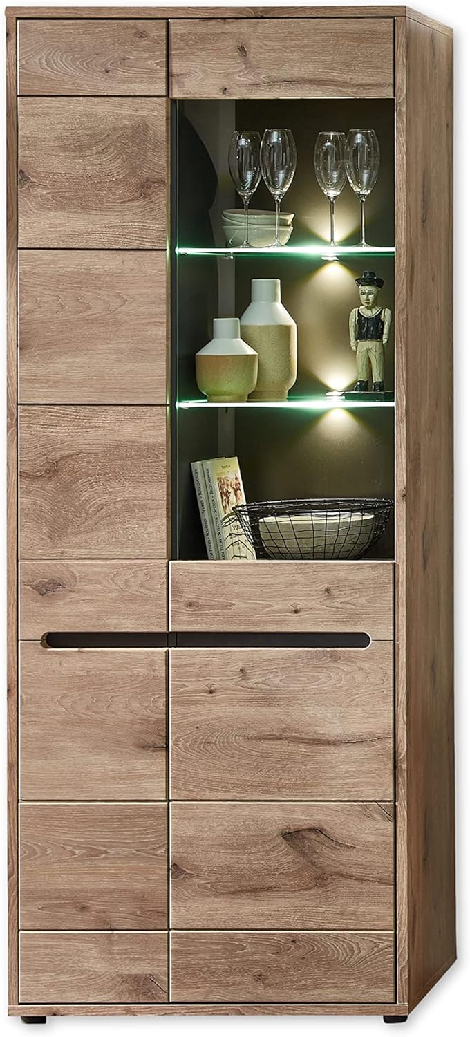Stella Trading BELLANO Vitrine - LED Vitrinenschrank in Viking Eiche und Graphit - Holzwerkstoff mit viel Stauraum für Geschirr - 80 x 202 x 38 cm