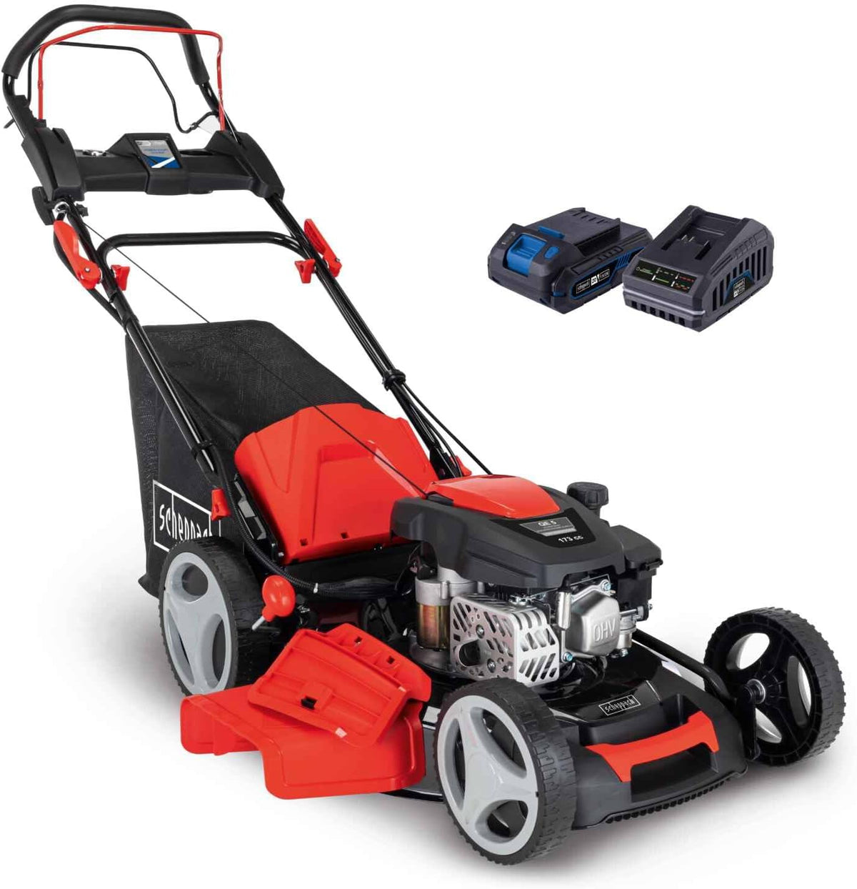 Scheppach MS173 51E Benzin Rasenmäher - 51 cm Schnittbreite mit E Start - 65 L Fangkorb und 7 Schnitthöhen - Mulchfunktion Radantrieb Seitenauswurf