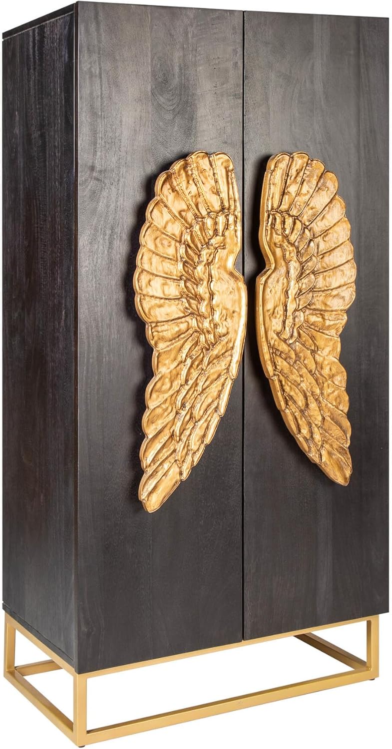 Riess Ambiente Angel Highboard 70 x 45 x 140 cm - Mangoholz in Schwarz mit goldenen Flügeln - extravagantes Design - Wohnzimmerschrank für Wohn und Essbereich