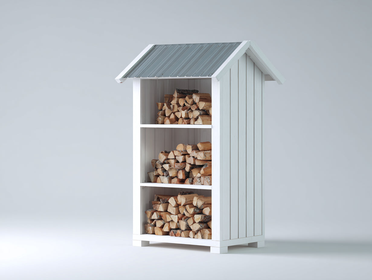 Kaminholzregal Holz 120x55x180 cm - Weiß und Grau - mit Dach