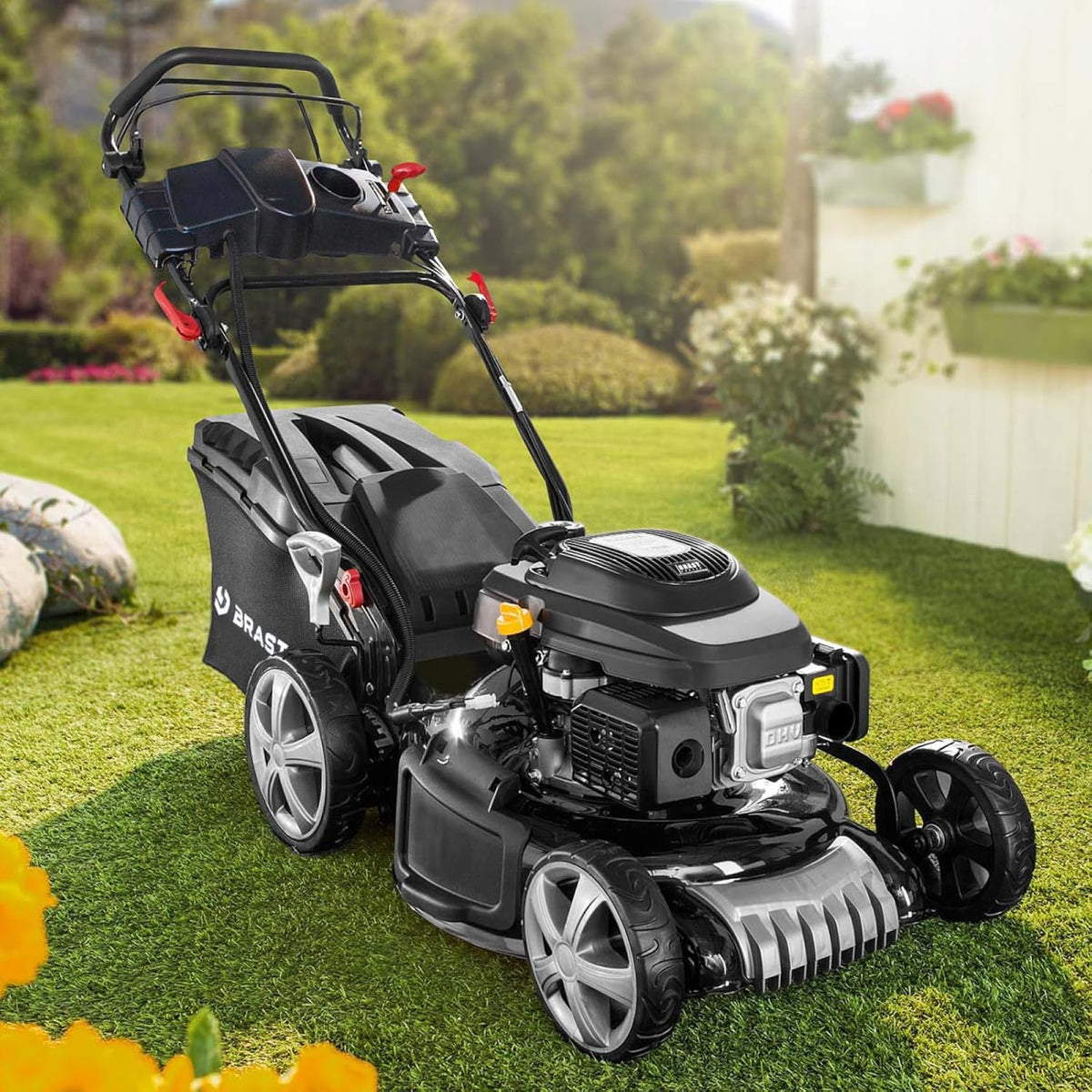 BRAST Benzin Rasenmäher 7 PS E Start - 5,2 kW 4 Takt OHV Motor mit Radantrieb - 48 cm Schnittbreite 30 bis 80 mm Schnitthöhe - 60 L Fangkorb Schwarz