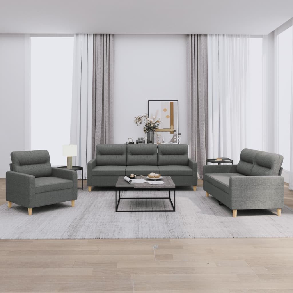 Brokky Sofagarnitur 3-teilig - Wohnzimmer Sitzgruppe mit Kissen - Dunkelgrauer Polyesterstoff mit gepolsterten Armlehnen - Modernes Design