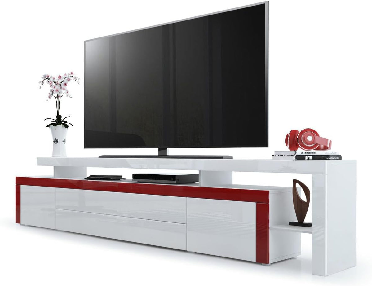 Vladon Leon TV Lowboard - Weiß matt und Weiß Hochglanz mit Bordeaux Rahmen - 227 cm breites modernes TV Board - 227 x 52 x 35 cm für Wohnzimmer