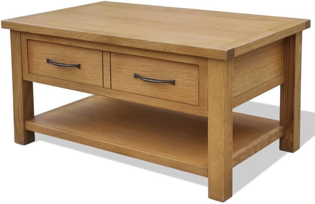 Couchtisch aus massivem Eichenholz - Große Schublade für zusätzlichen Stauraum - Braun im rustikalen Design - 88 x 53 x 45 cm für das Wohnzimmer