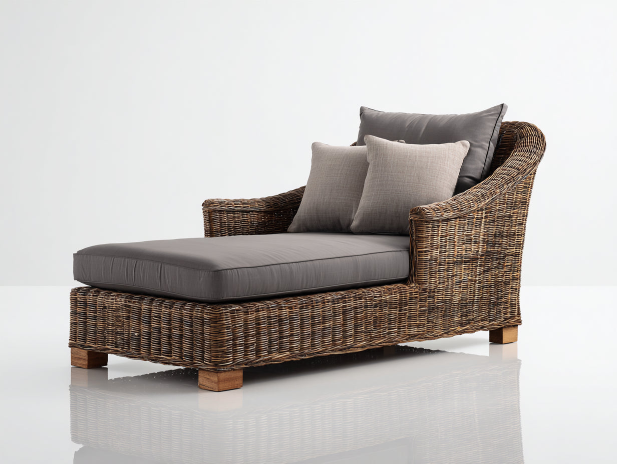 Sonnenliege-Rattan-Teakholz-188 x 76 x 80 cm-Braun-Grau-Modernes Lounge-Design