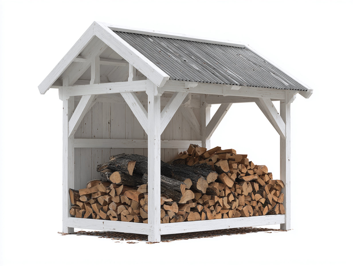 Kaminholzregal - Holz-Metall - 242x92x188 cm - Weiß-Grau - Landhausstil